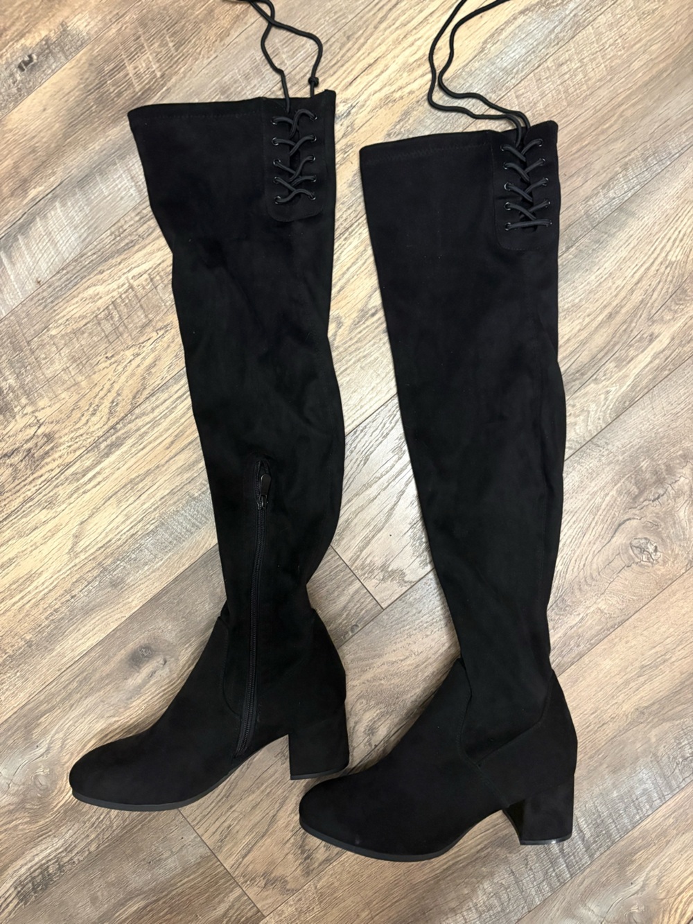 Dream Pairs Black Over-the-Knee Lace-Up Block Heel Boots